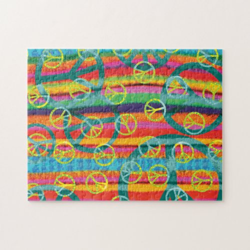 Peace Signs Retro Pink Yellow Turquoise Watercolor Jigsaw Puzzle