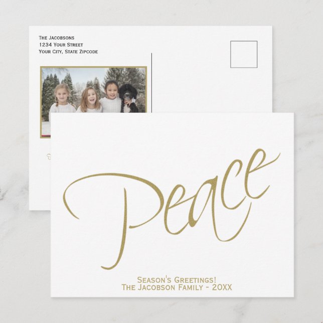 Peace. Simple Elegant Modern Typography Photo Holiday Postcard (Front/Back)