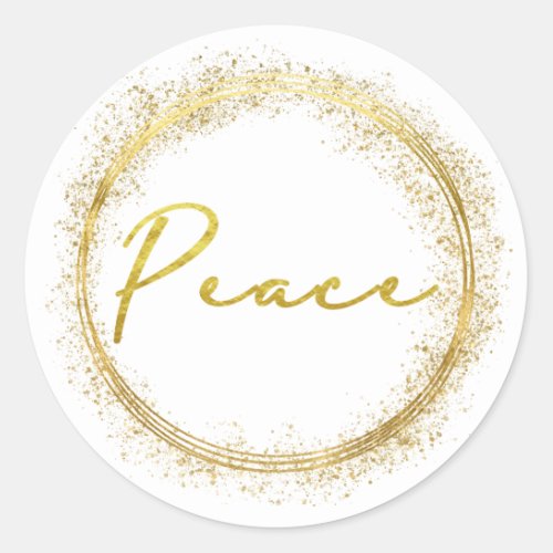Peace simple gold typography Gold frame sparkles Classic Round Sticker