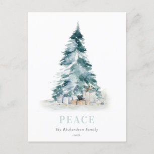 Peace Snow Watercolor Pine Christmas Tree Gift Holiday Postcard