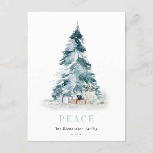Peace Snow Watercolor Pine Christmas Tree Gift Holiday Postcard