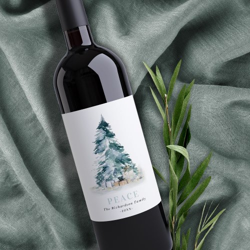 Peace Snow Watercolor Pine Christmas Tree Gifts Wine Label