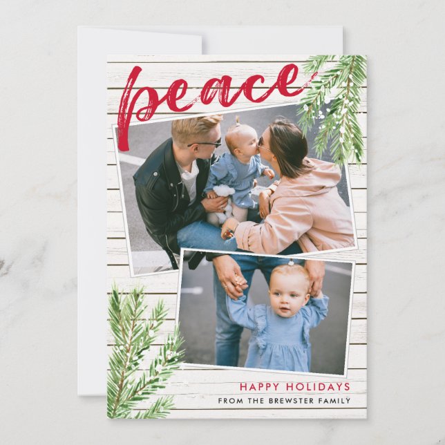 Peace, Snowy Evergreen 2 Photo Holiday Card (Front)