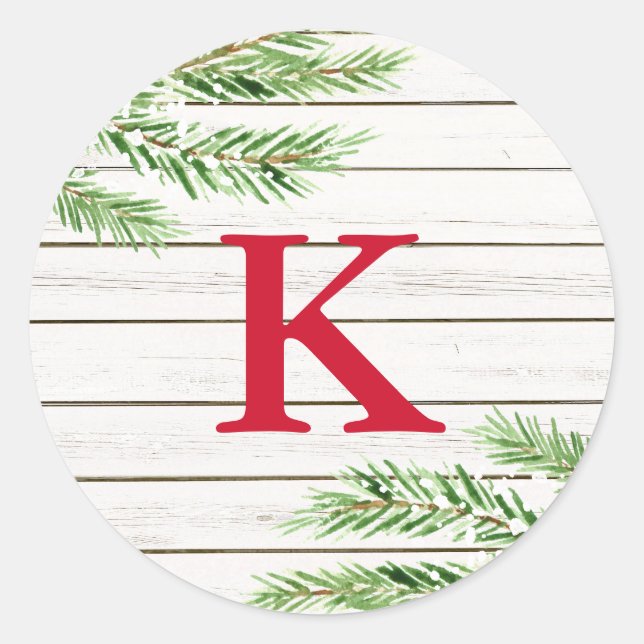 Peace, Snowy Evergreen Monogram Initial Classic Round Sticker (Front)