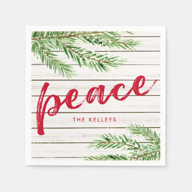 Peace, Snowy Evergreen Personalized Holiday Napkins (Front)