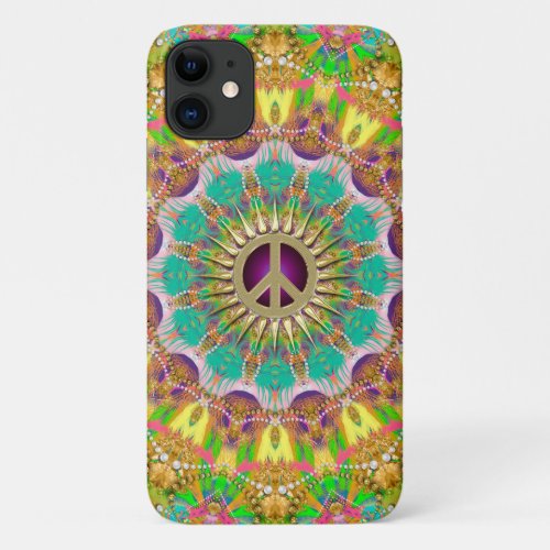 Peace Sun Happy Hippie Colorful Mandala  iPhone 11 Case
