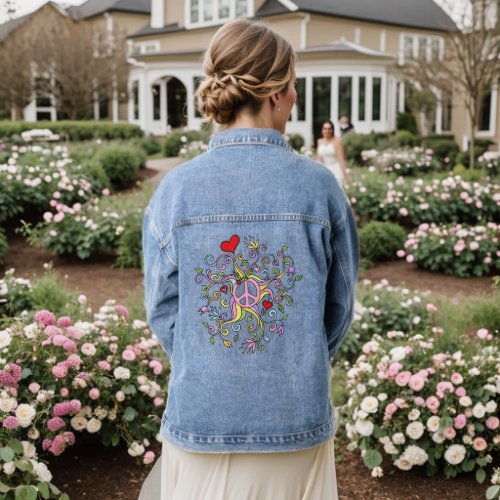 Peace symbol doodle with flowers and hearts denim jacket