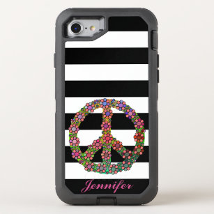 Peace Symbol Flower Floral Black White Stripes OtterBox Defender iPhone SE/8/7 Case