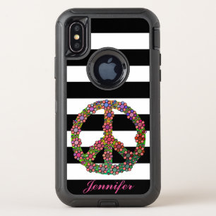 Peace Symbol Flower Floral Black White Stripes OtterBox Defender iPhone X Case