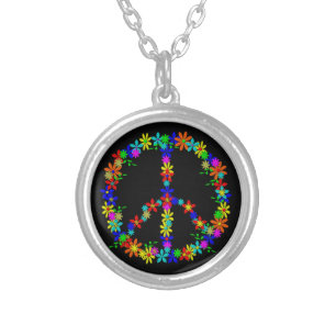 Peace Symbol Flower Power Silver Plated Necklace