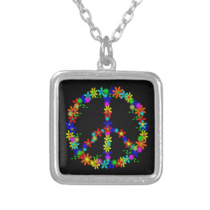 Peace Symbol Flower Power Silver Plated Necklace