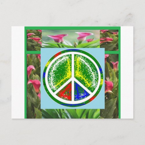 PEACE SYMBOL   Green Artistic Flowers Postcard