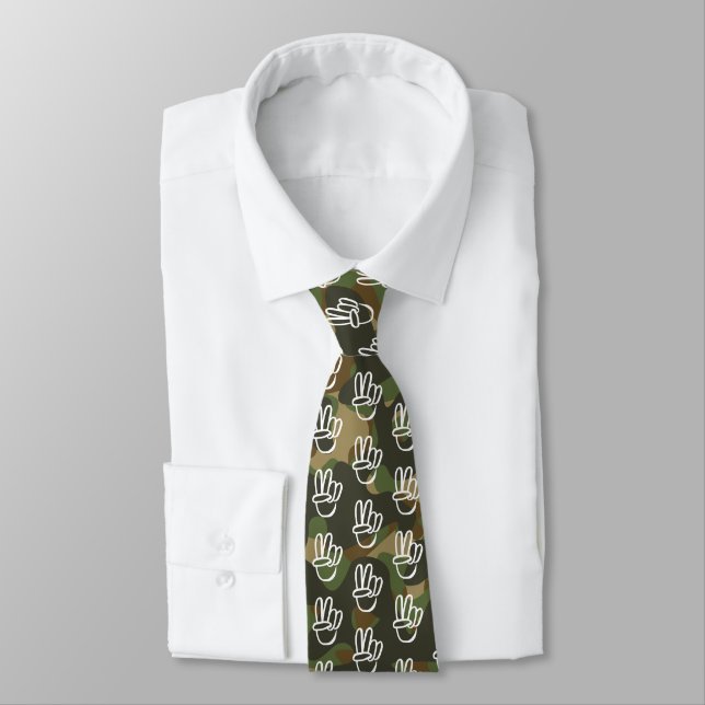 PEACE Symbol Hand V Sign Hippie Green Camouflage Neck Tie (Tied)