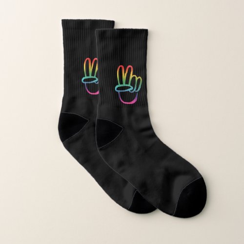 PEACE Symbol Hand V sign _ Hippie Rainbow Tie_Dye Socks