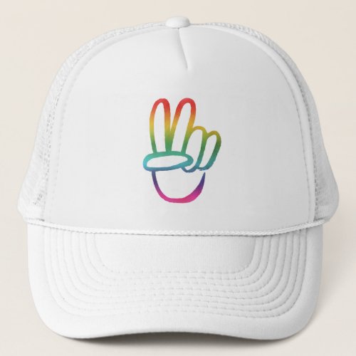 PEACE Symbol Hand V Sign Hippie Rainbow Tie_Dye Trucker Hat