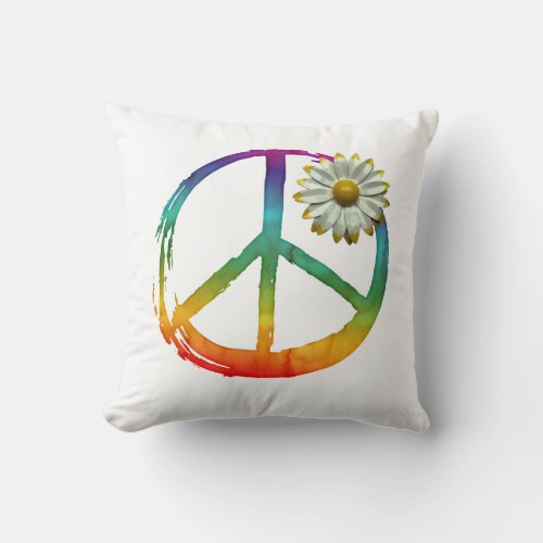 Peace Symbol Hippie Love 1960s Sign Tie_Dye Daisy Throw Pillow