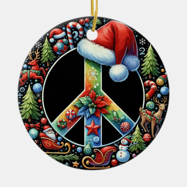 Peace Symbol Hippie Santa Hat Christmas Family Ceramic Ornament (Front)