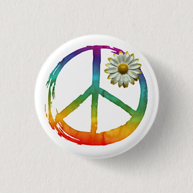 Peace Symbol Hippie Tie-Dye 1960s Sign Daisy Love Button (Front)