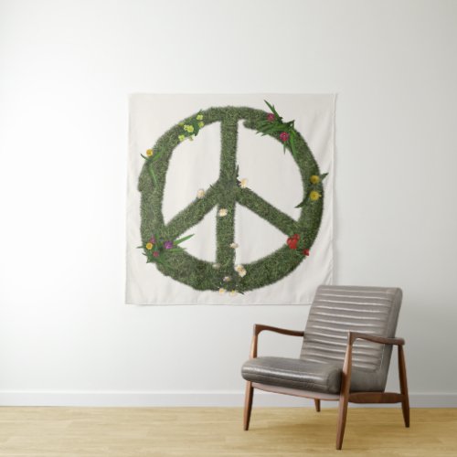 PEACE Symbol of Real Grass Flowers Hippie 60s Sign Tapestry