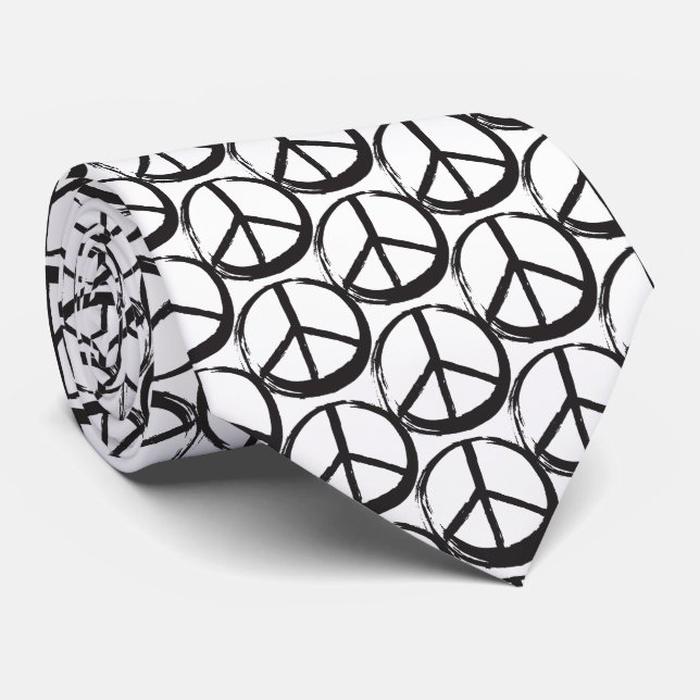 PEACE Symbol sign - 60s Hippie Elegant Black White Neck Tie (Rolled)
