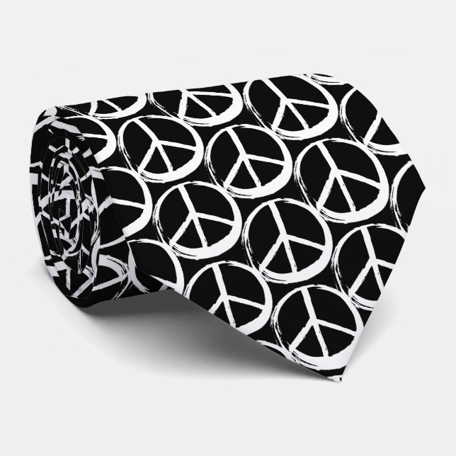 PEACE Symbol sign - 60s Hippie Elegant White Black Neck Tie (Rolled)