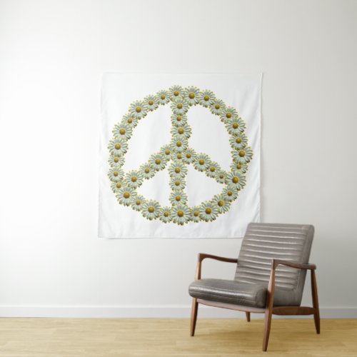 PEACE Symbol Sign _ Hippie Flower Daisy Wreath Tapestry