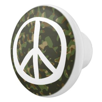 PEACE Symbol Sign - Hippie Green Khaki Camouflage Ceramic Knob