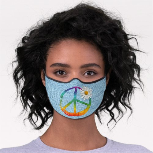PEACE Symbol sign _ Hippie Watercolor Daisy Denim Premium Face Mask