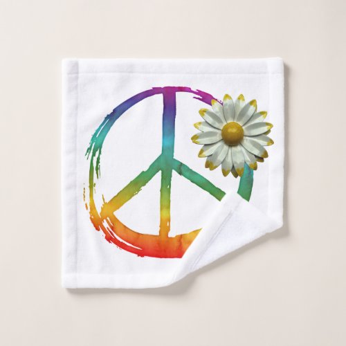 PEACE Symbol sign _ Hippie Watercolor Daisy Flower Wash Cloth