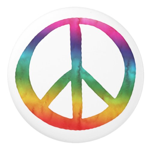 PEACE Symbol Sign _ Hippie Watercolor Rainbow Ceramic Knob