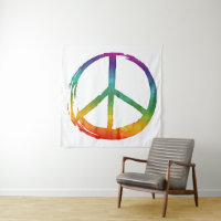 PEACE Symbol sign - Hippie Watercolor Rainbow Tapestry