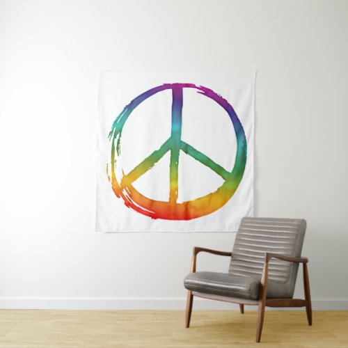 PEACE Symbol sign _ Hippie Watercolor Rainbow Tapestry