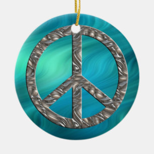 PEACE symbol - SILVER bluegreen waves Ceramic Ornament