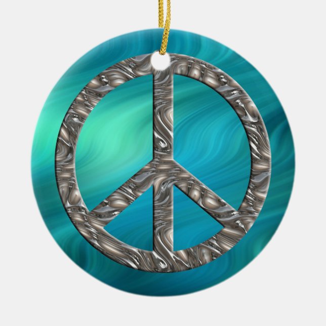 PEACE symbol  - SILVER | bluegreen waves Ceramic Ornament (Front)