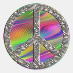PEACE symbol - SILVER coloured waves Classic Round Sticker