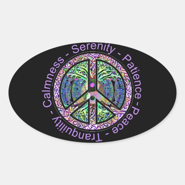Peace Symbol with Peace, Harmony, Balance Oval Sticker (Front)