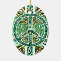Peace Symbol, Yin Yang, Tree of Life in Green Ceramic Ornament