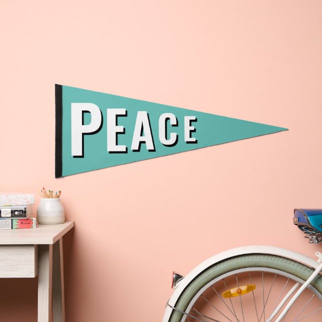 Peace teal black white modern shadow typography pennant flag (Front)