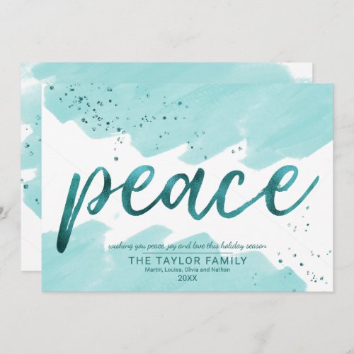 Peace  Teal Watercolor Christmas Holiday Card