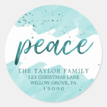 Peace | Teal Watercolor Christmas Return Address Classic Round Sticker