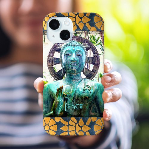 Peace Turquoise Buddha Photo Gold Mosaic Border iPhone 15 Case