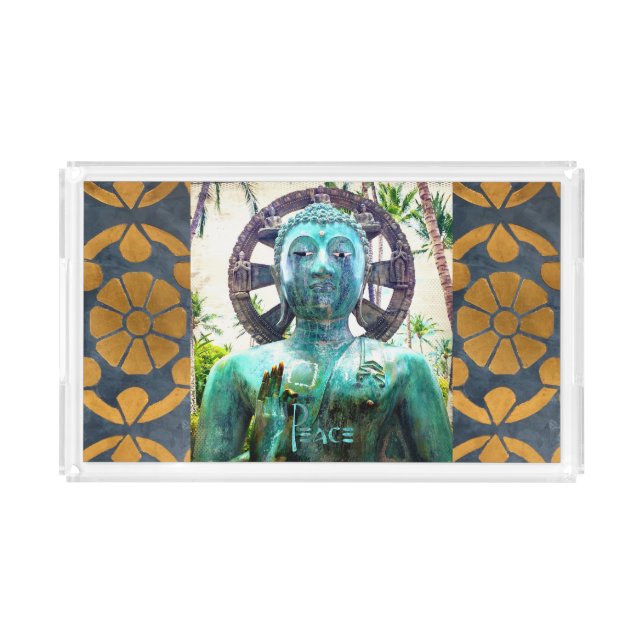 Peace Turquoise Buddha Photo Gold Navy Mosaic Bold Acrylic Tray (Front)