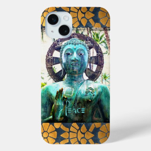 Peace Turquoise Buddha Photo With Gold Mosaic iPhone 15 Plus Case