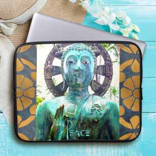 Peace Turquoise Buddha Statue Gold Mosaic Photo Laptop Sleeve