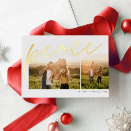 Peace two photo simple elegant family Christmas Foil Holiday Card