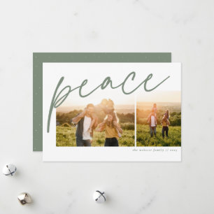 Peace two photo simple green family Christmas Holiday Card