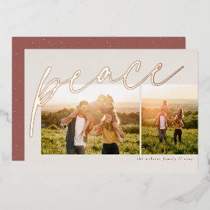 Peace two photo simple rose gold Christmas Foil Holiday Card