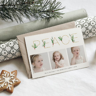 Peace Watercolor Springs Christmas Three Photo Holiday Card