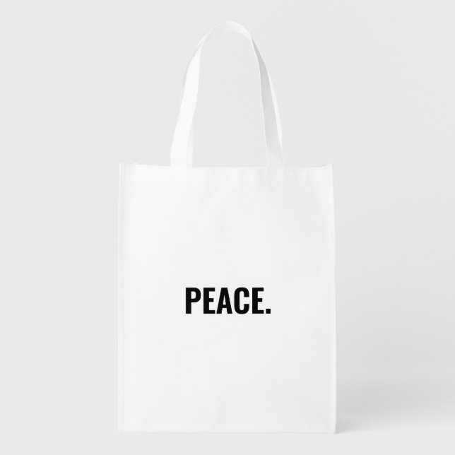 Peace white black text minimalist anti war simple grocery bag (Front)