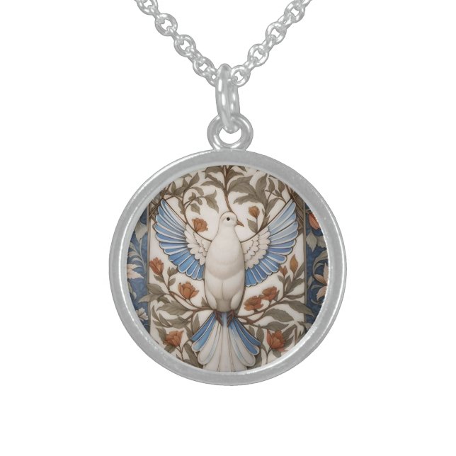 Peace White Dove William Morris Inspired Floral Sterling Silver Necklace (Front)